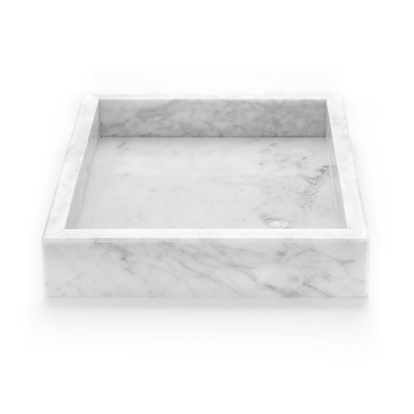 White carrara marble square container with raised edges. Versatile and elegant object crafted by skillfull artisans in Italy.