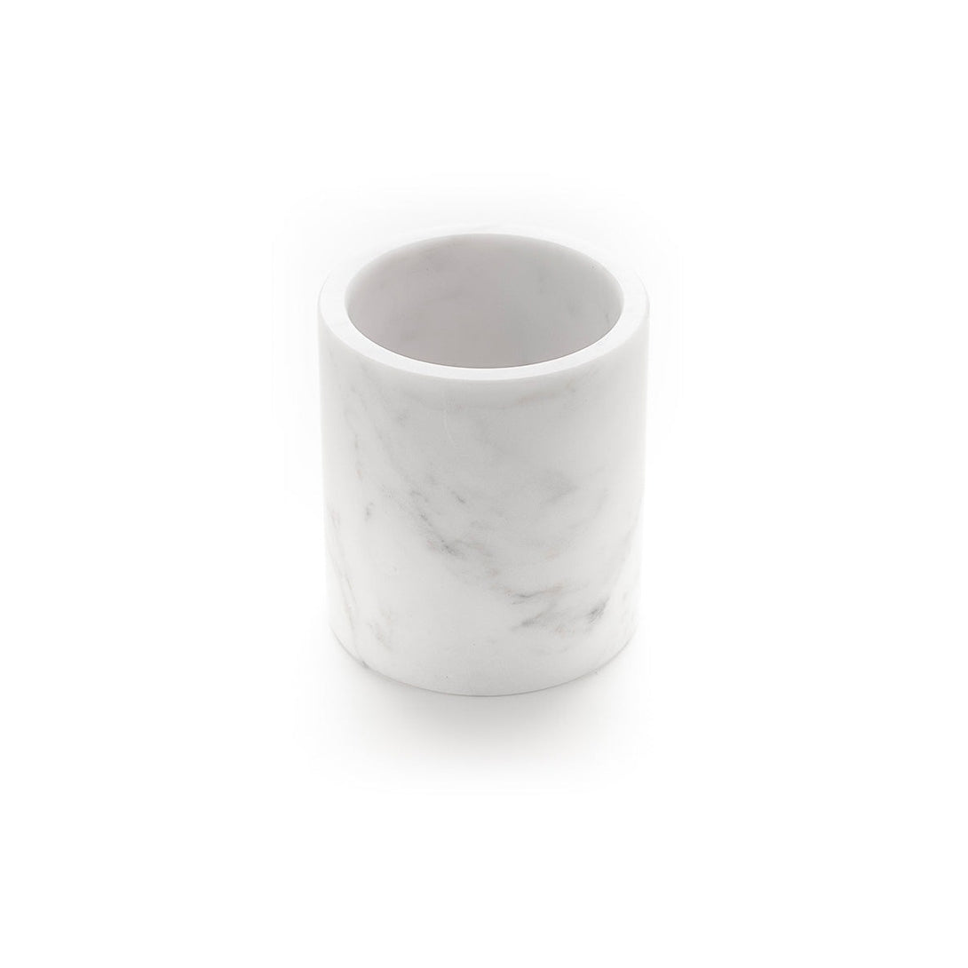 WHITE CARRARA MARBLE TOOTHBRUSH HOLDER - ROUND CONTAINER