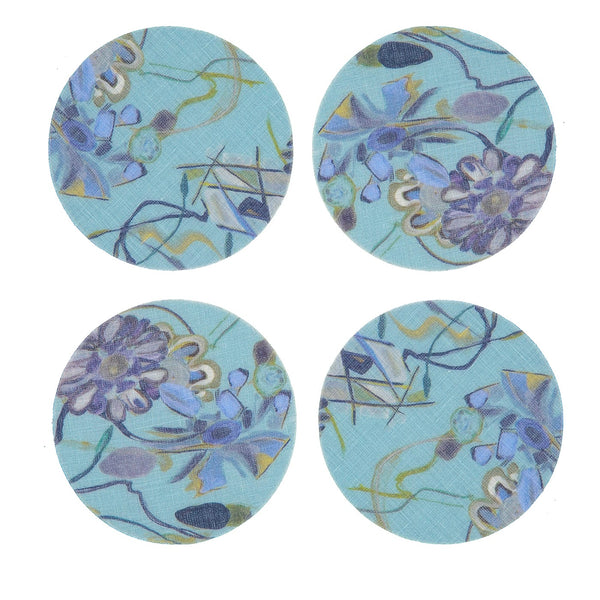 SET OF 8 BOUQUET COATED COASTERS IN LIGHT BLUE