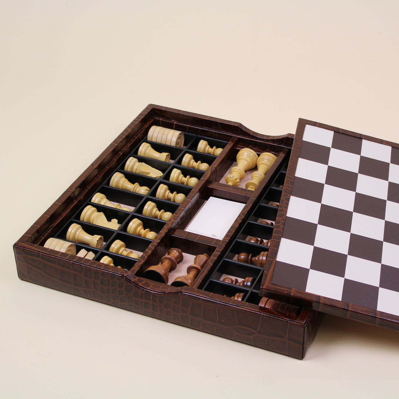 Regency Italian Renzo Romagnoli Leather and Chrome Black and Cream Chess Set